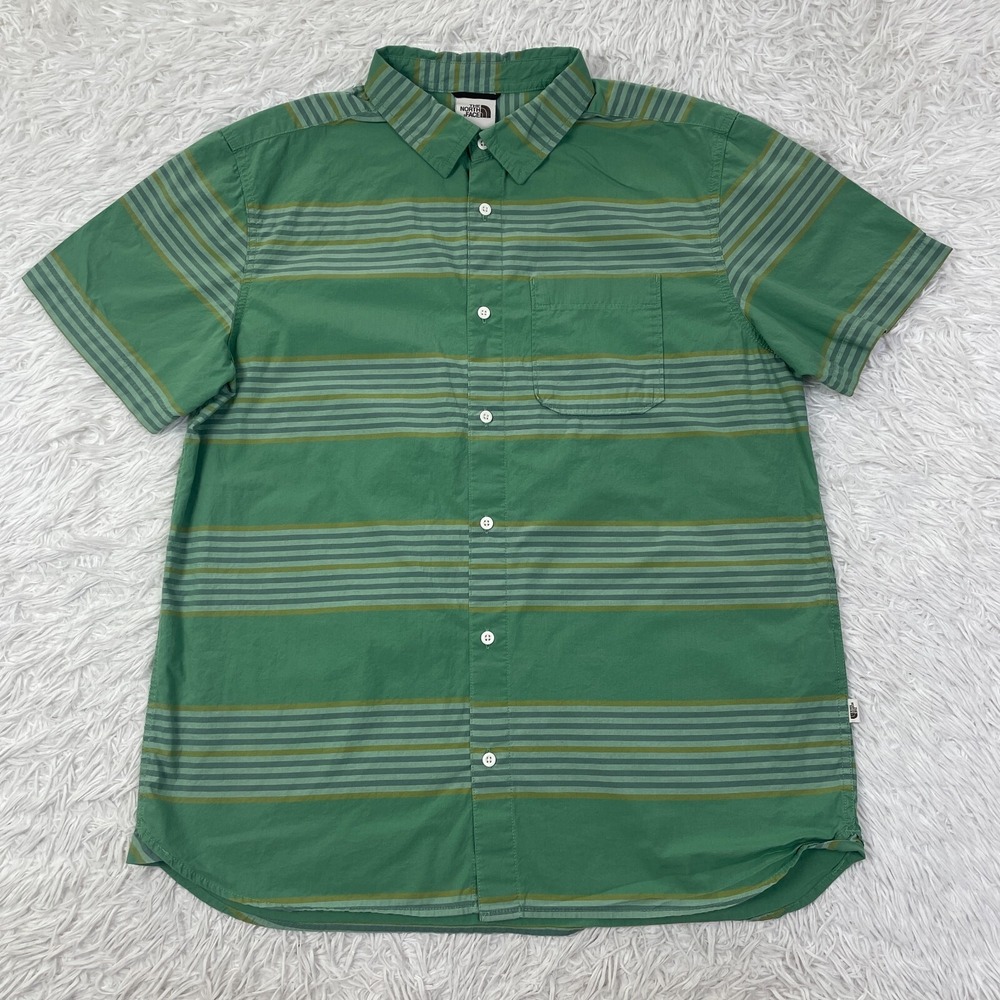 North Face Shirt Mens Large Green Striped Standard‎ Fit Pocket Button Casual Men